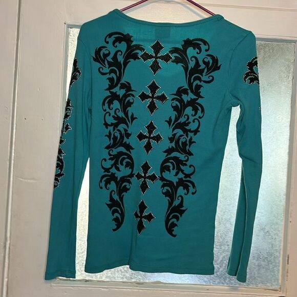 So Cute Women’s Dark Teal and Black Rhinestone embellished long sleeve T-shirt M - Picture 5 of 5